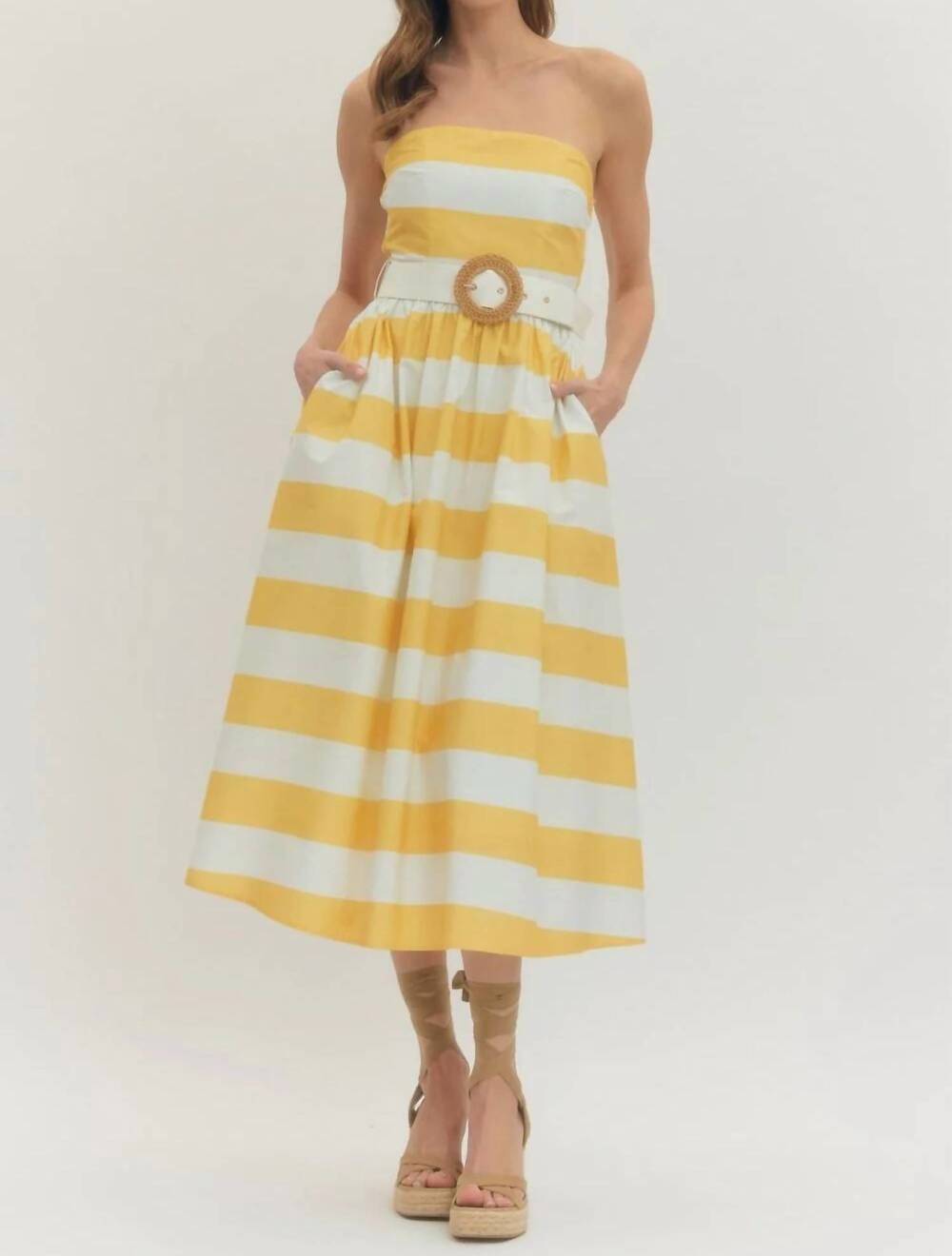 NEW ENTRO giselle striped midi dress in lemon